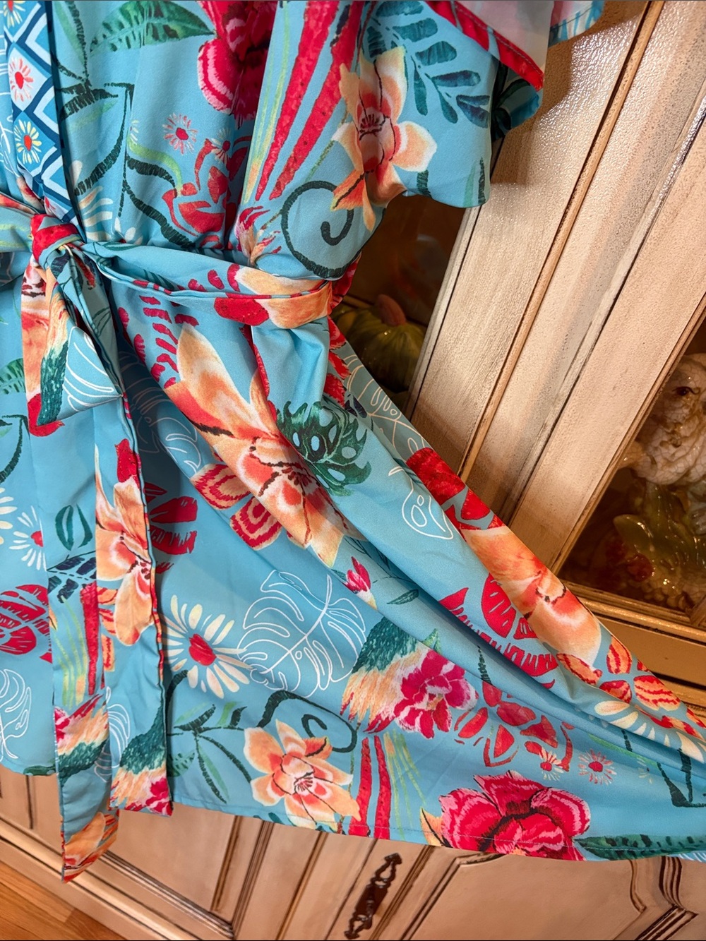 Turquoise SHEIN Floral Faux-Wrap Romper with Belt - Picture 8 of 9